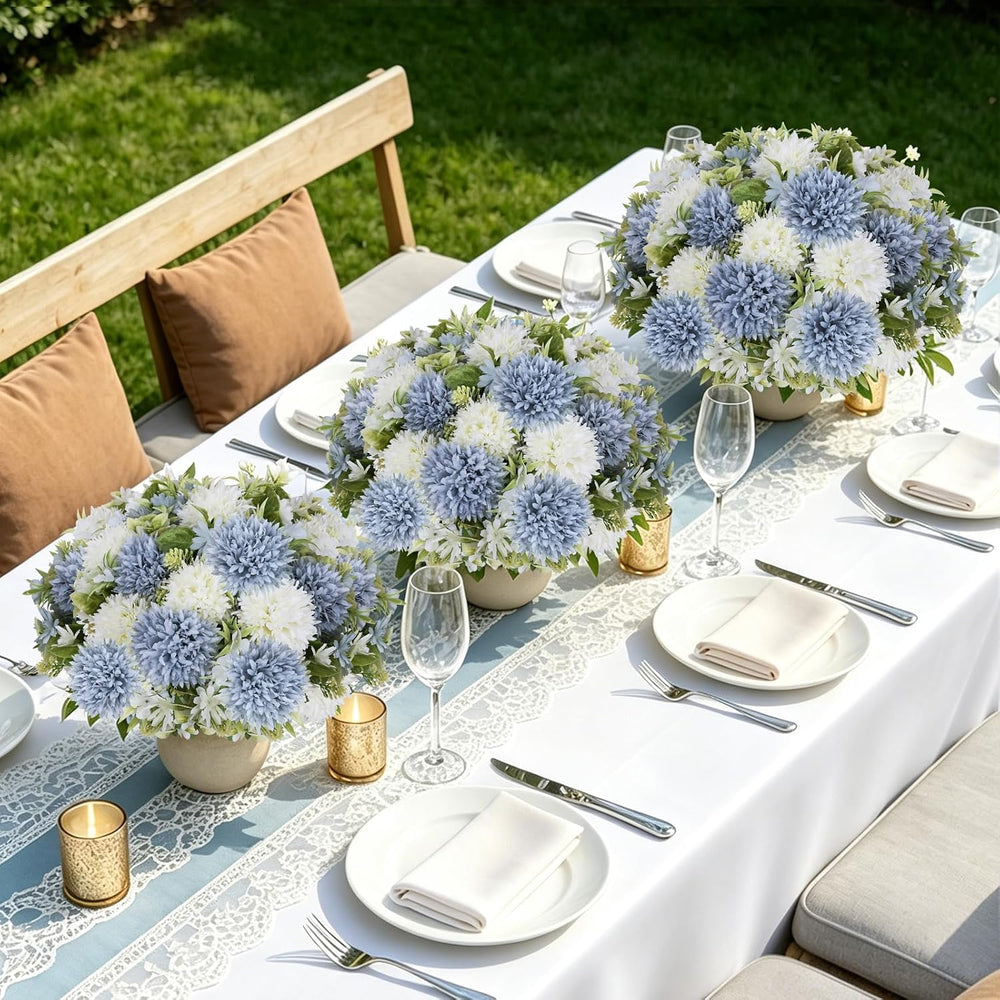 Dusty Blue White Artificial Flowers 12 Bundles Silk Floral with Stem