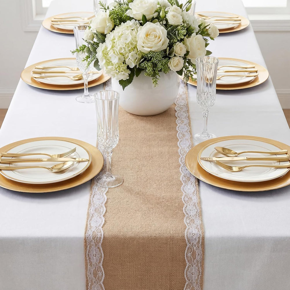 Tatuo 12 Pcs Burlap Table Runners with Lace 12 X 72 Rustic Jute,Lovely