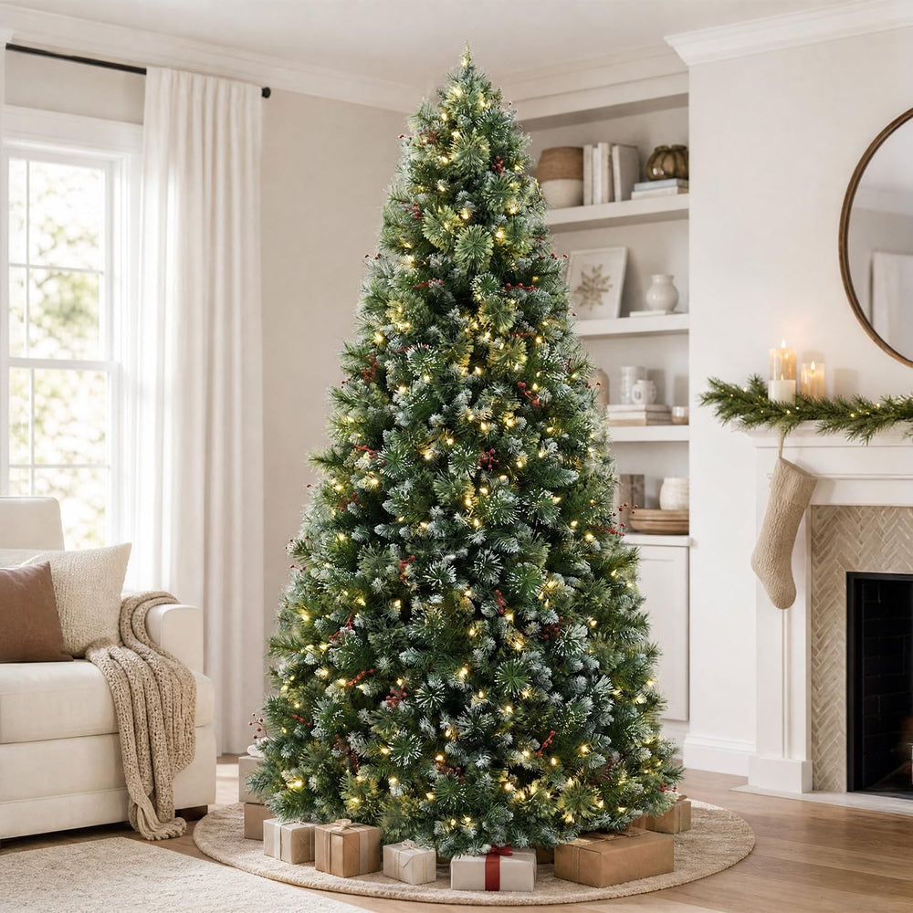 6FT Flocked Prelit Christmas Tree with Pine Needles&Red Berries