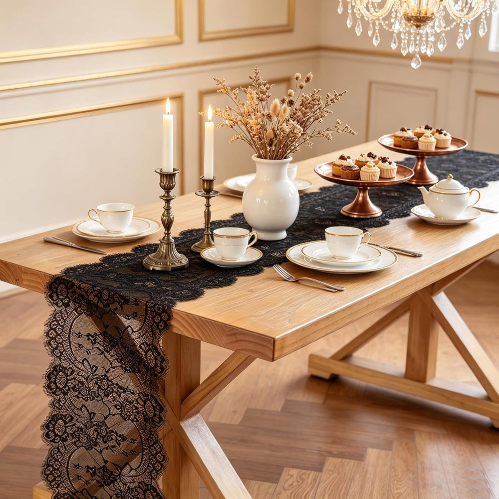 Black Lace Table Runner 14 x 120 Inch Floral Embroidered Fabric Decoration