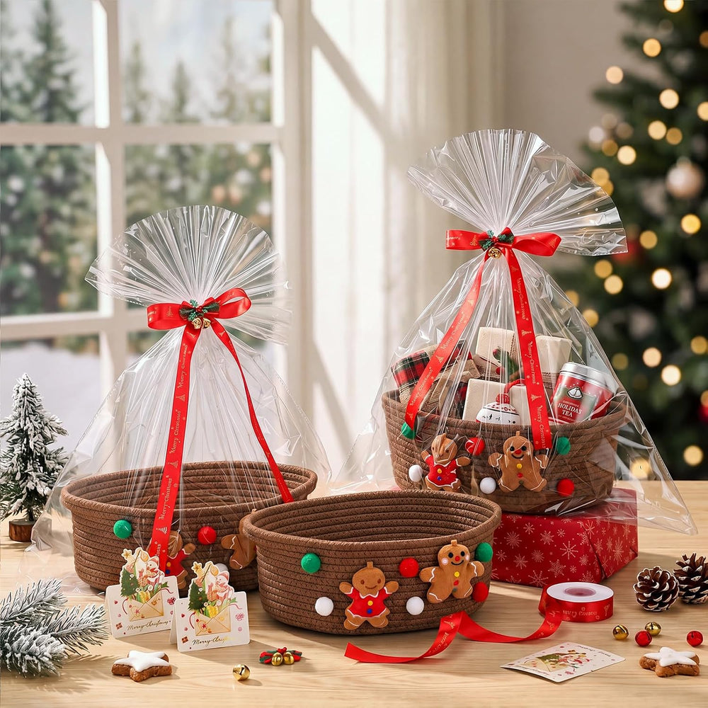 3 Set Christmas Woven Gift Basket Empty with Gift Bag, Gingerbread Man