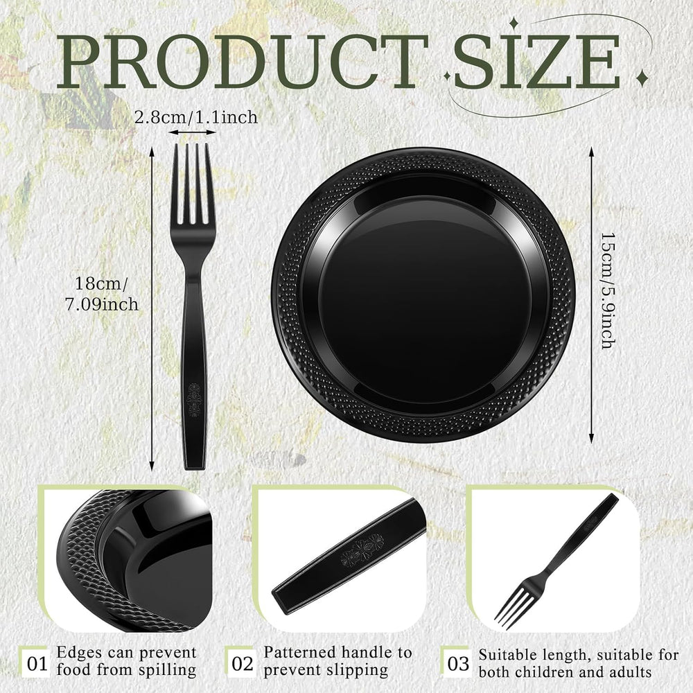 Hushee 600 Pcs Black Plastic Dessert Plates 6'' with Forks 7''...
