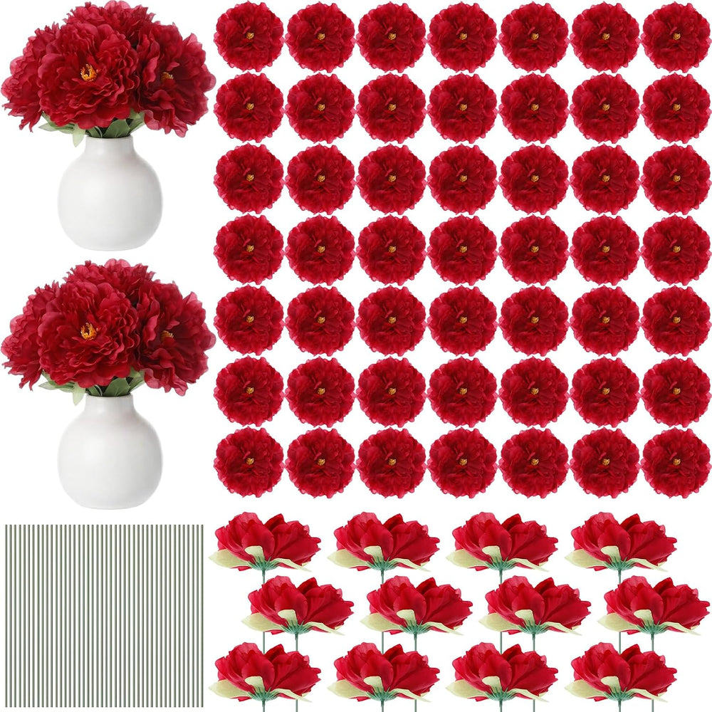 50 Pcs Artificial Peony Flowers with Wire Stems, Red