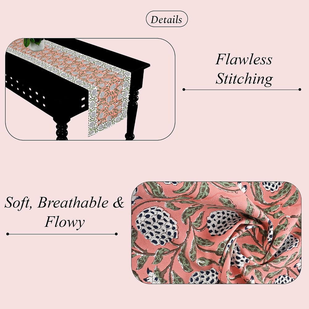 Ridhi Dark Salmon Hand Block Print Table Runner 16x90 Inch 100% Cotton