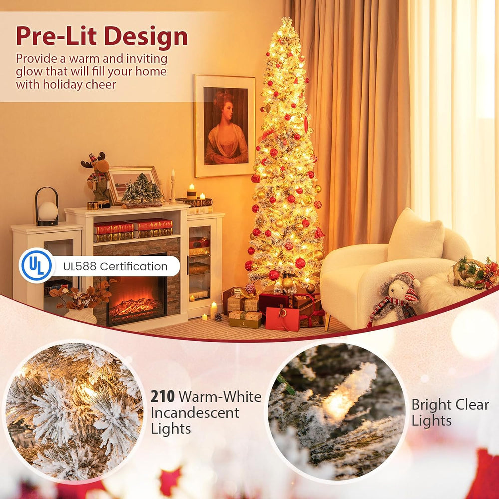 Goplus 7ft Pre-Lit Snow Flocked Pencil Christmas Tree, Artificial Slim Xmas T...