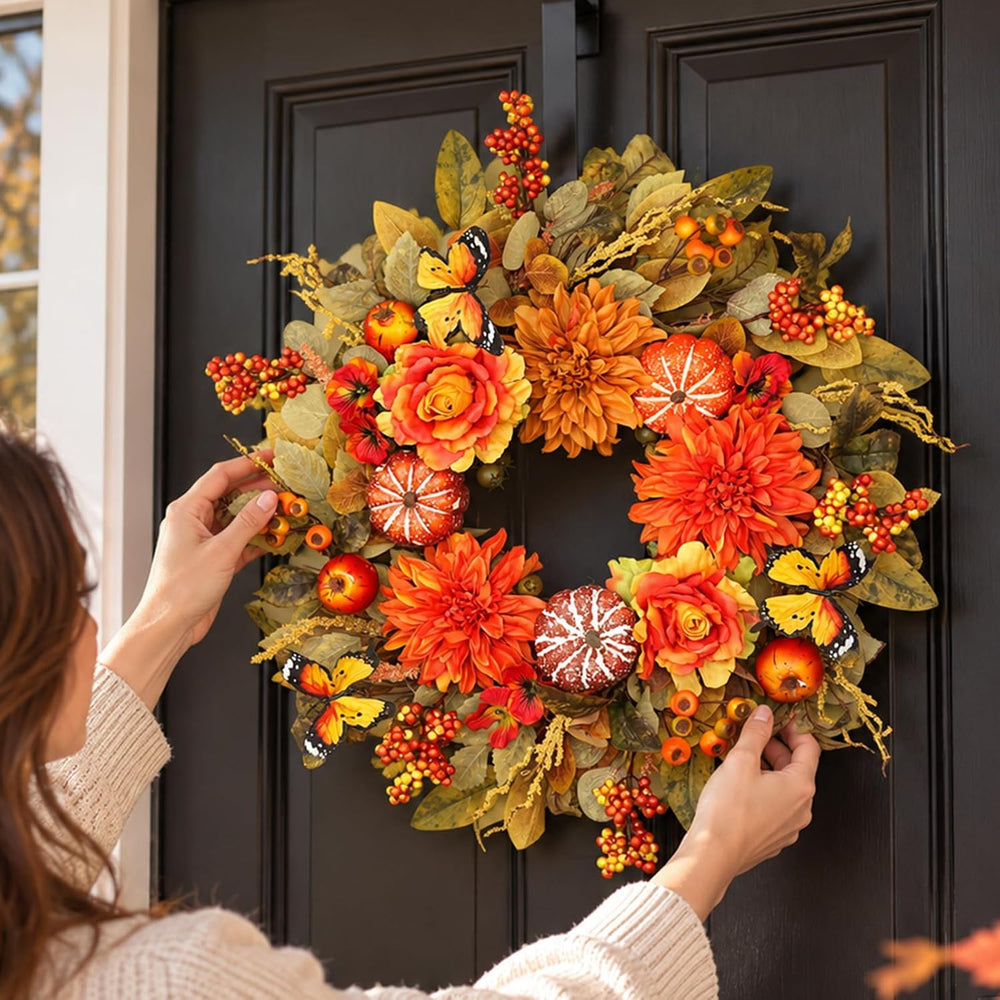 26 Inch Fall Wreaths for Front Door, Large Autumn Harvest Wreath with Pumpkin...