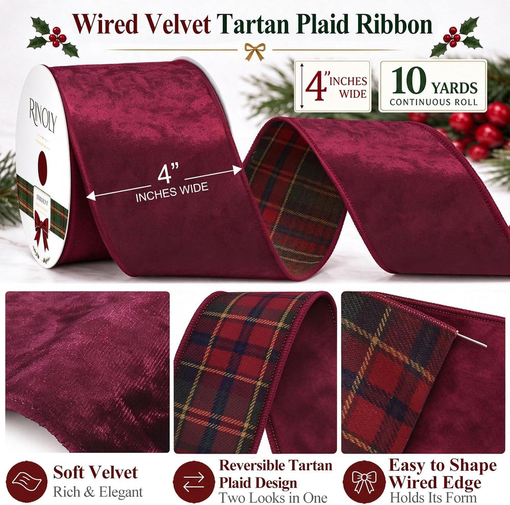 RINOLY Burgundy Velvet Ribbon, Wired Plaid Ribbon, 4 Inch x 10 Yards