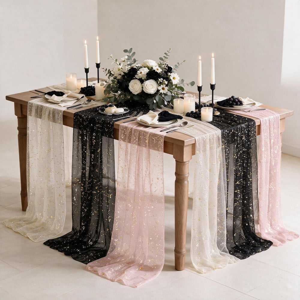 Artoid Mode 6PC Beige Black Pink Gauze Table Runner 120 Inch 10FT, Glitter Me...