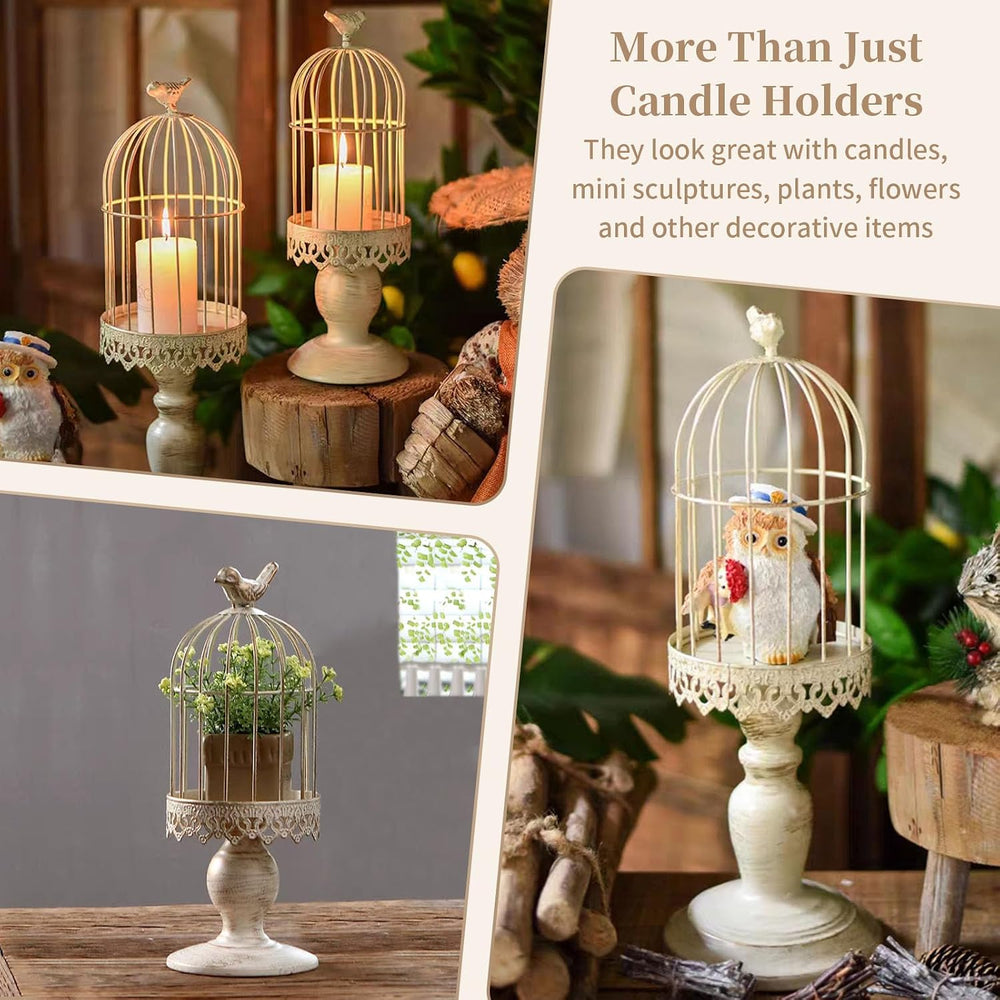 Sziqiqi Birdcage Candle Holders Decorative Set of 2,Distressed Ivory