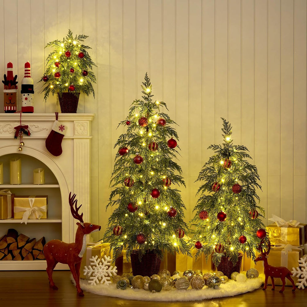 VeriNatural 2ft 3ft 4ft Prelit Twinkle Christmas Trees in Woven Baskets