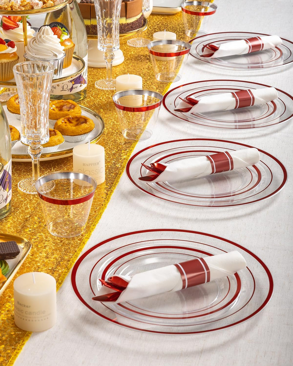 350 Pcs Red Disposable Plates, Clear Plastic Plates and Napkins