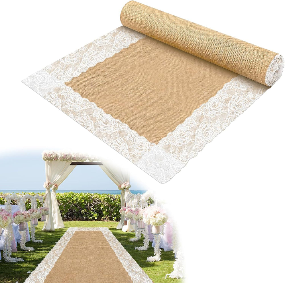 20 Ft x 40 Inch Natural Burlap Wedding Aisle Runner with Lace