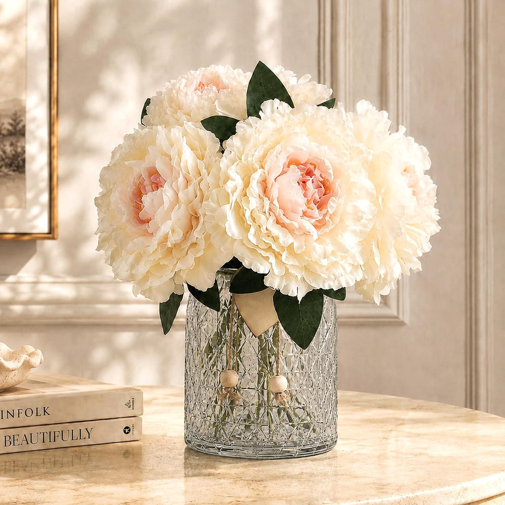Peonies Artificial Flowers in Vase for Farmhouse Shelf Decor, White&Pink