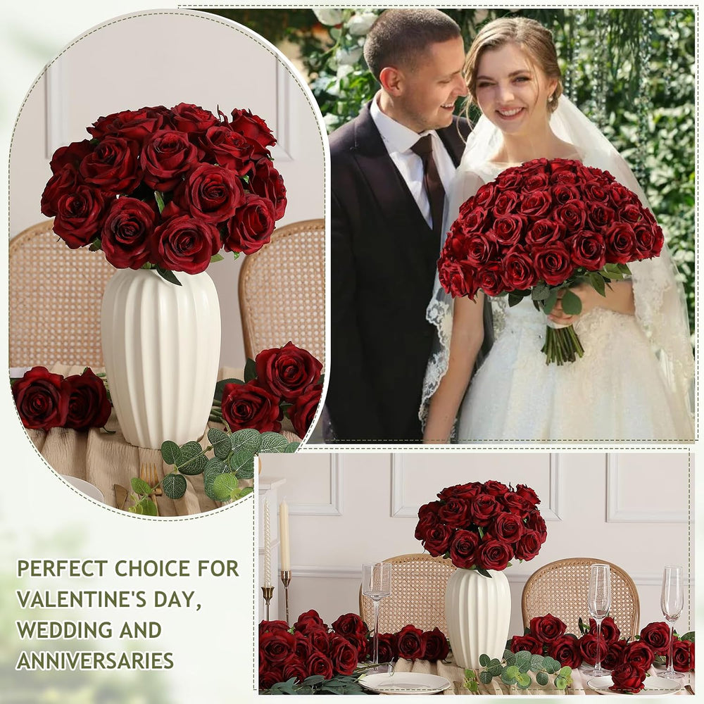 Kisflower 60 Pcs Burgundy Roses Artificial Flowers Bulk, Maroon Flowers Artif...