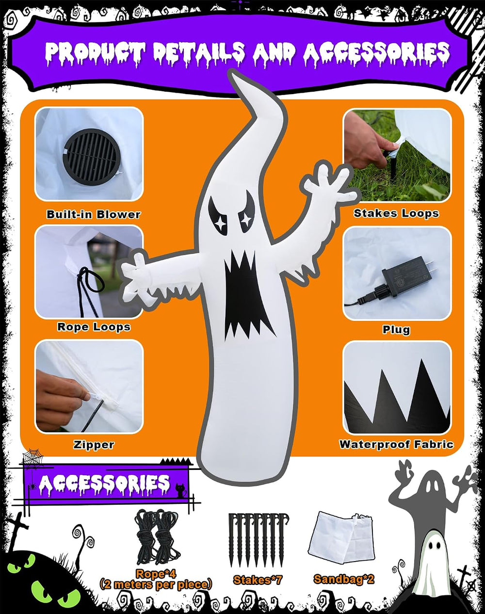 8.7FT Halloween Inflatable Ghost Outdoor Decoration, Scary Yard Decor with LE...