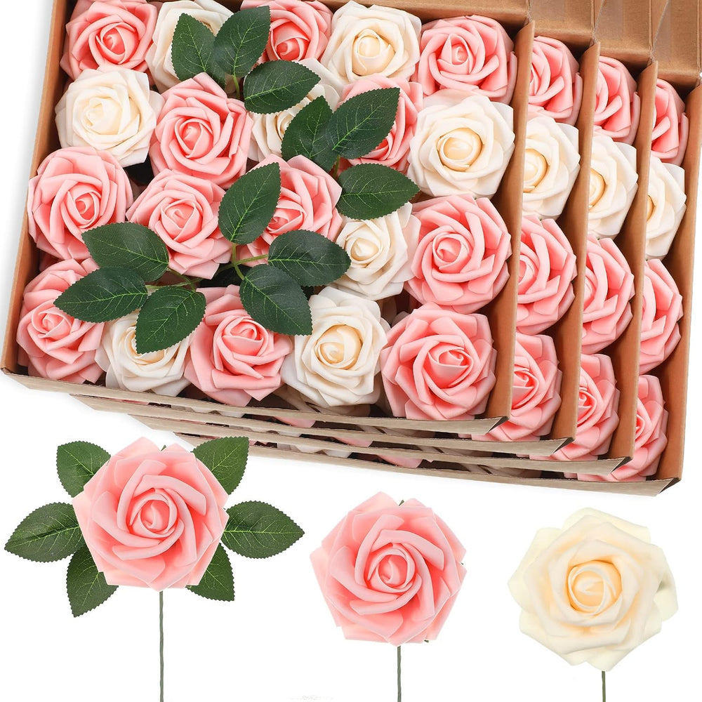 100 Pcs Artificial Rose Flowers, Pink, Champagne