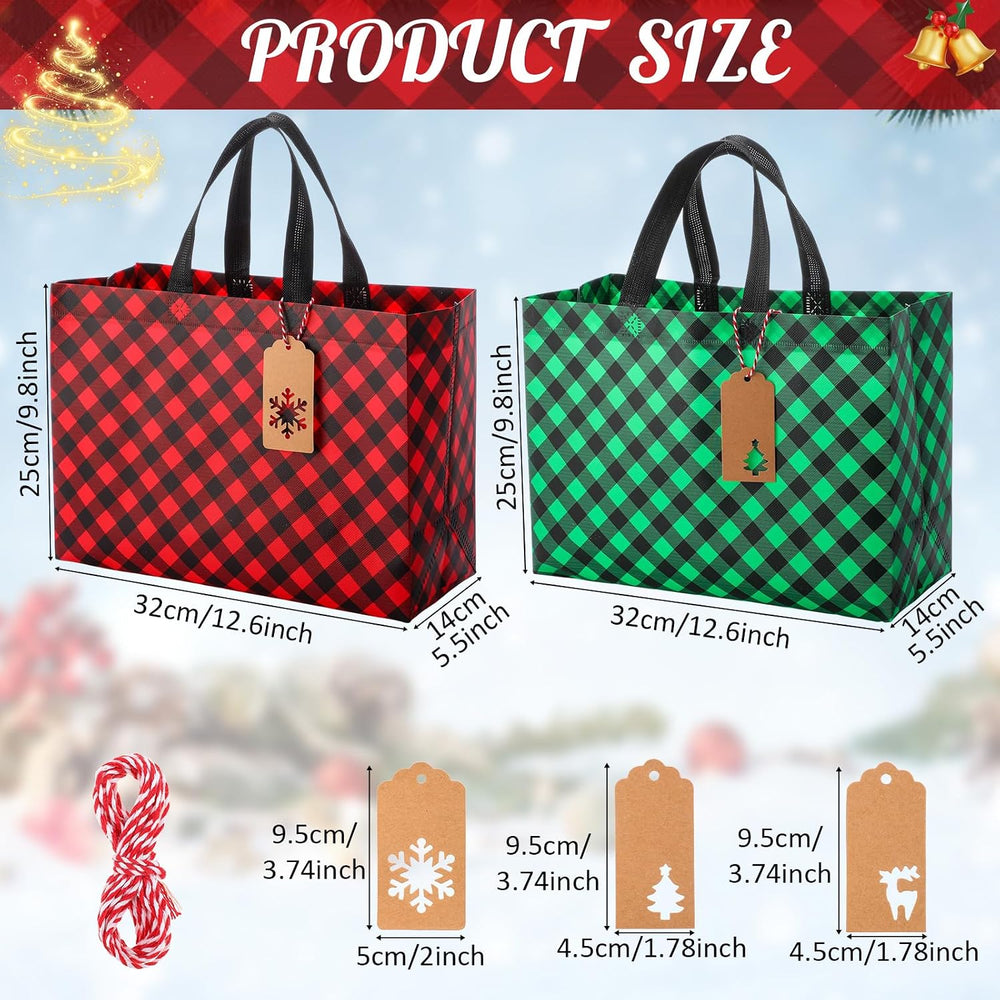 24 Pcs Large Christmas Bags Tags Tote, Diagonal Plaid, Red Green Black