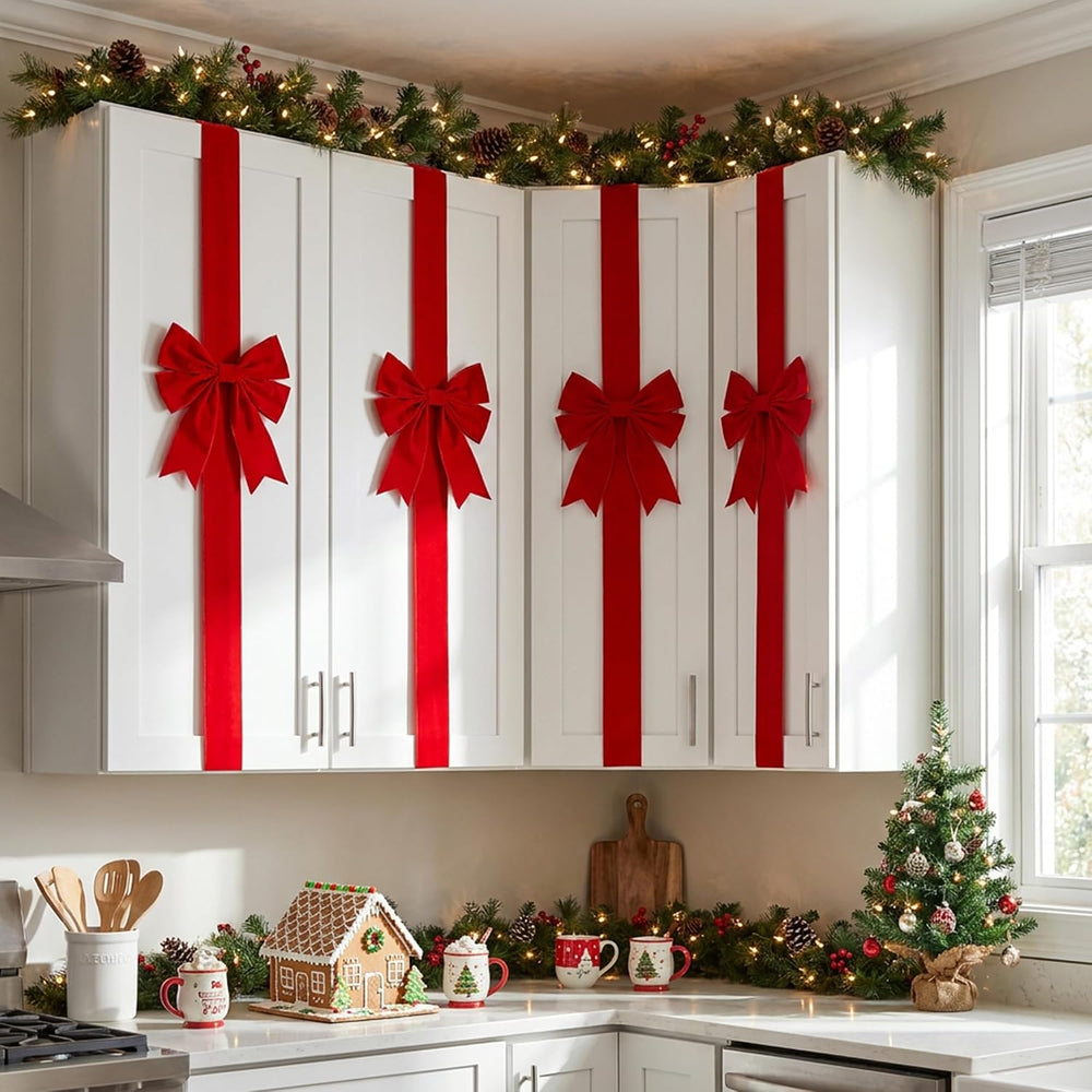 9 Pcs Christmas Cabinet Red Velvet Bow, Adjustable Kitchen Red Ribbon Decor