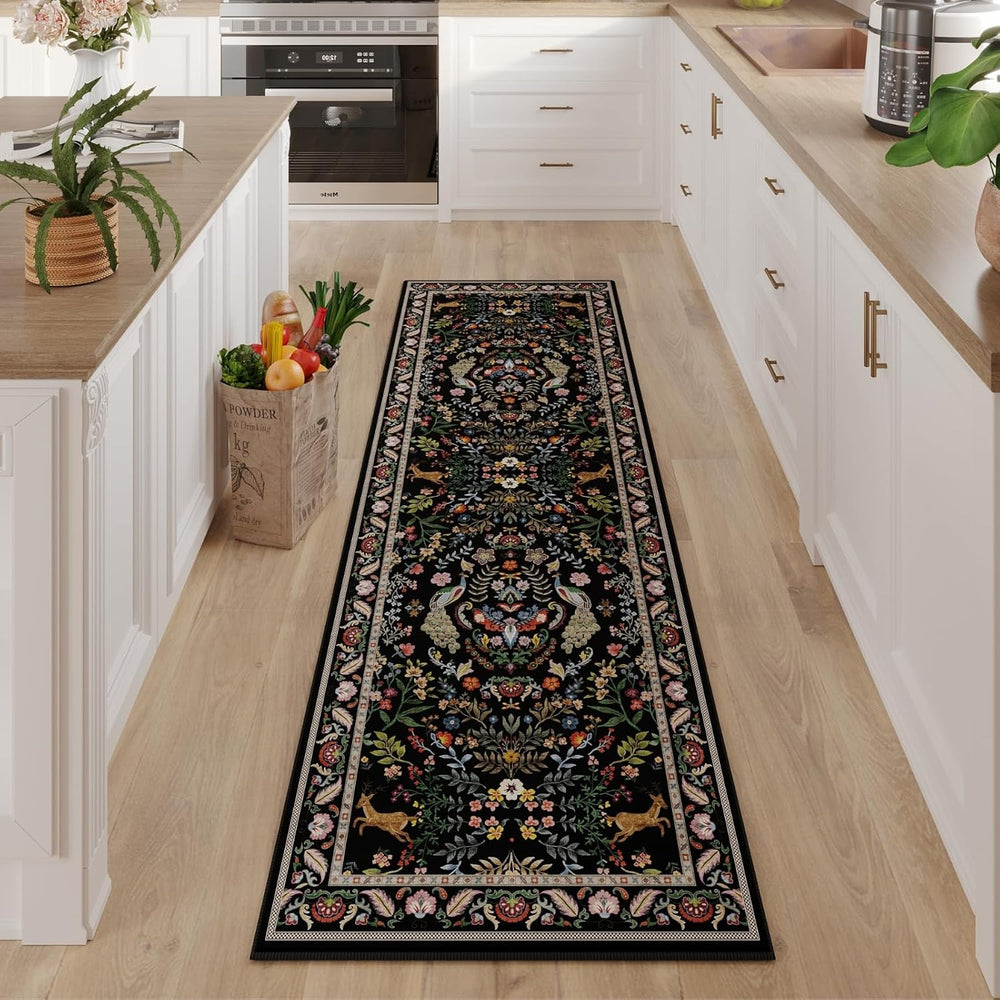 Rugcomf Runner Rug 2x6 Floral Washable Non Slip, Vibrant Black