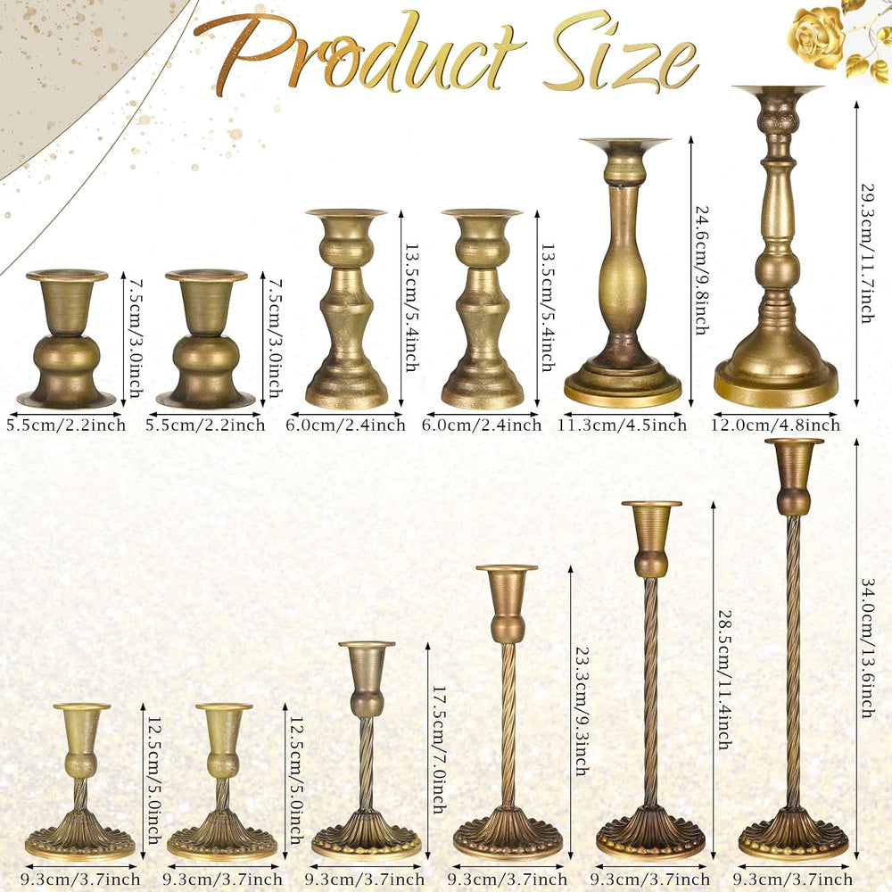 12 Pcs Taper Candlestick Holders Metal Set,Brass Gold,Vintage Style