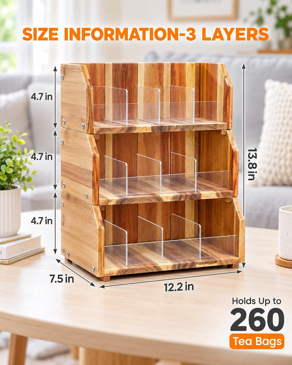 Solid Acacia Wood Tea Bag Organizer, 3 Tiers in Large, Medium & Small
