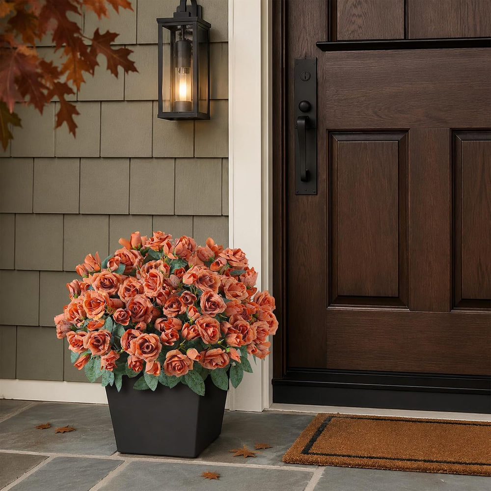 2Pcs Artificial Fall Rose Flower Topiary Tree for Front Porch Decor(Orange)