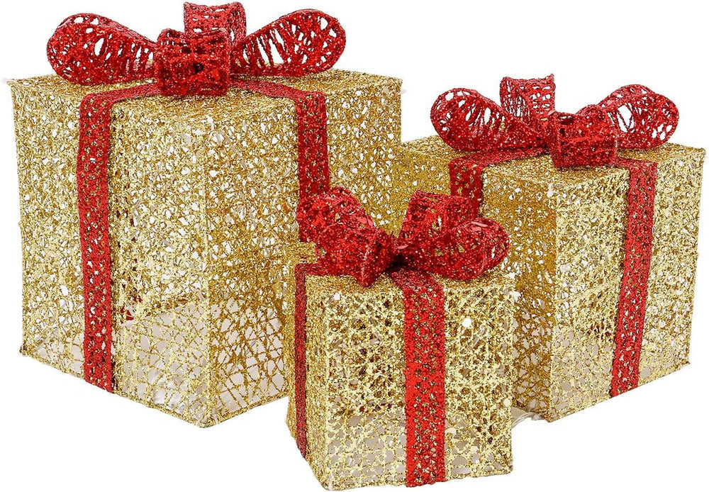 Sunnyglade 3PCS Christmas Lighted Gift Boxes Xmax Decor 7.5"/5.9"/4...
