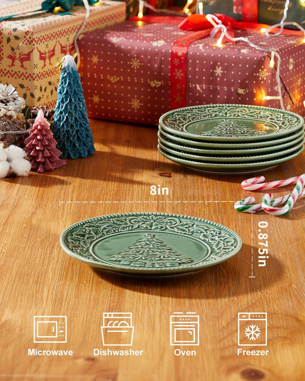 Christmas Tree Salad Plates, 8 Inch Ceramic Plate Set of 6
