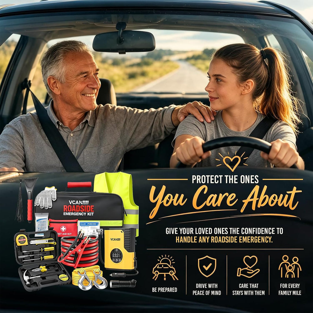 Car Emergency Safety Kit Bag with Portable Air Compressor & Jumper Cables