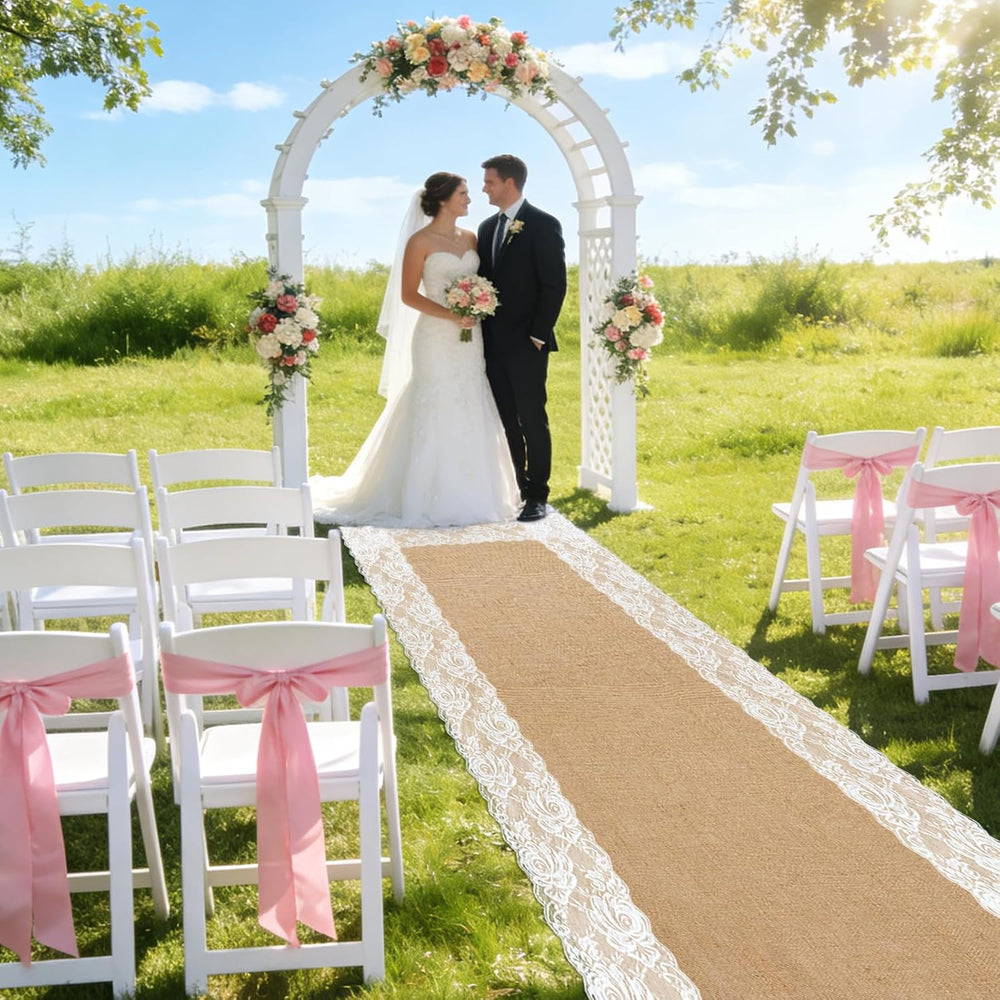 20 Ft x 40 Inch Natural Burlap Wedding Aisle Runner with Lace
