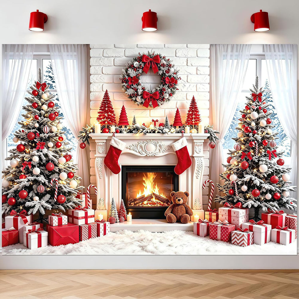Red Christmas Fireplace Backdrop 8x6Ft