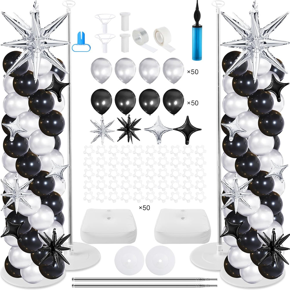 Soulchen 110 Pcs Black Silver Explosion Balloons Column Stand Kit