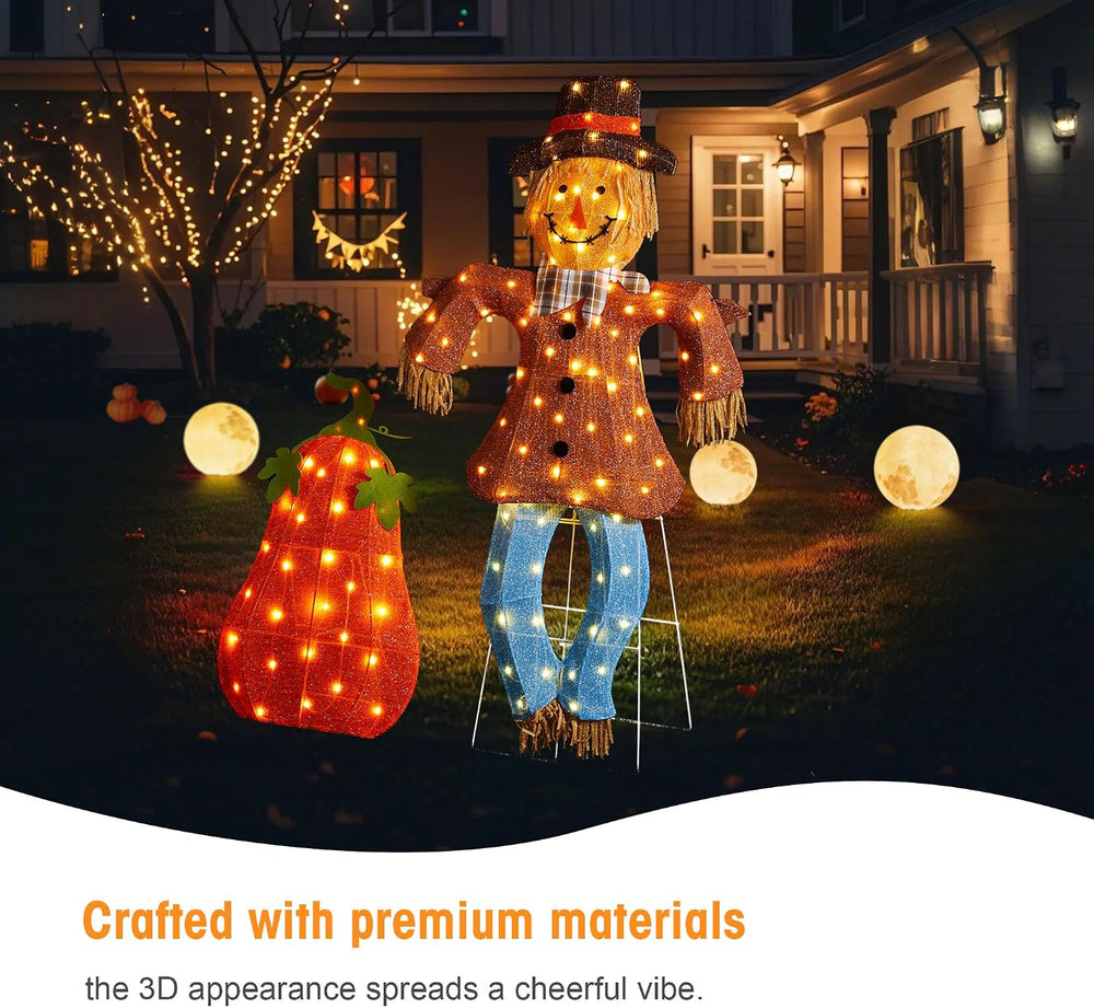 Glitzhome 4FT Fall Lighted Outdoor Scarecrow Decor, 2-Piece Pre-lit 2.5D Scar...
