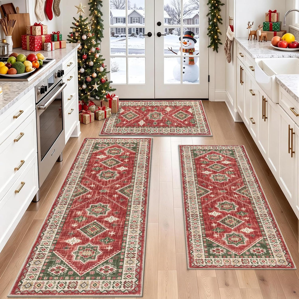 HEBE Christmas Kitchen Rugs Set of 3, Red Washable Kitchen Mats for Floor