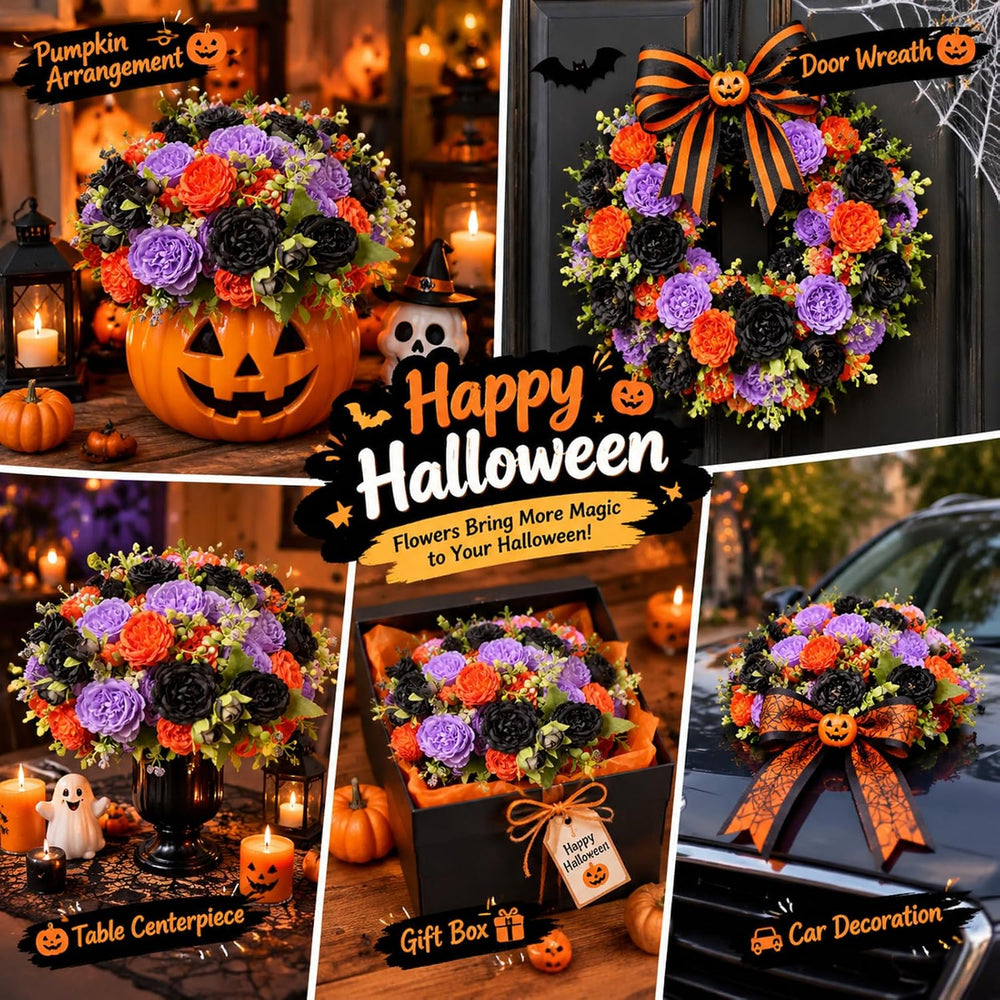 8 Bundles Artificial Peonies Flowers, Orange, Purple, Black