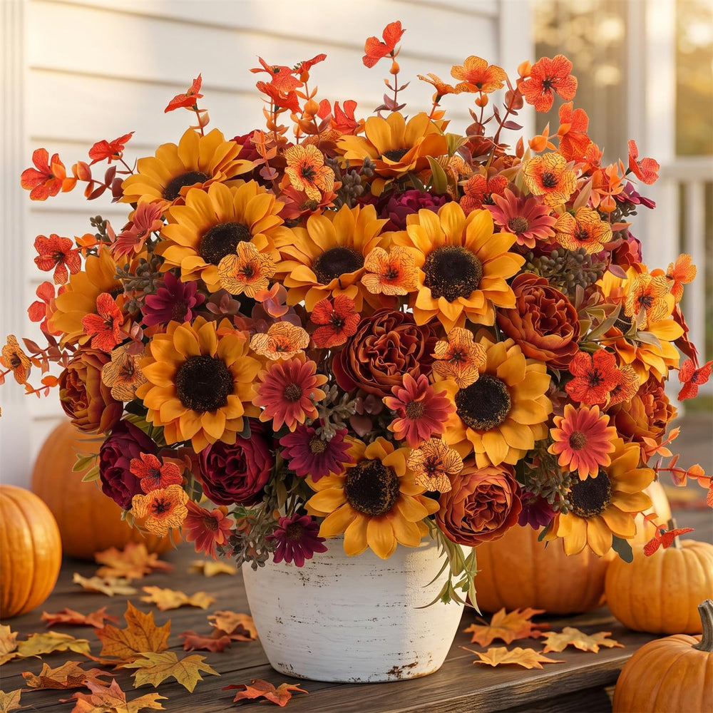 Mixed 10 Pcs Fall Artificial Sunflower Peony Bouquet, Yellow Burgundy Silk Fa...