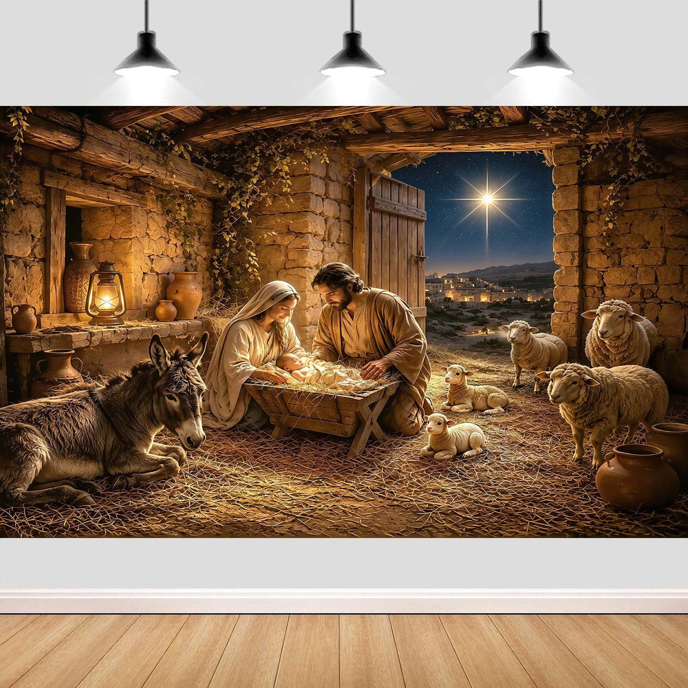 10X8ft Christmas Nativity Scene Photography Backdrop Birth of Jesus Banner, H...