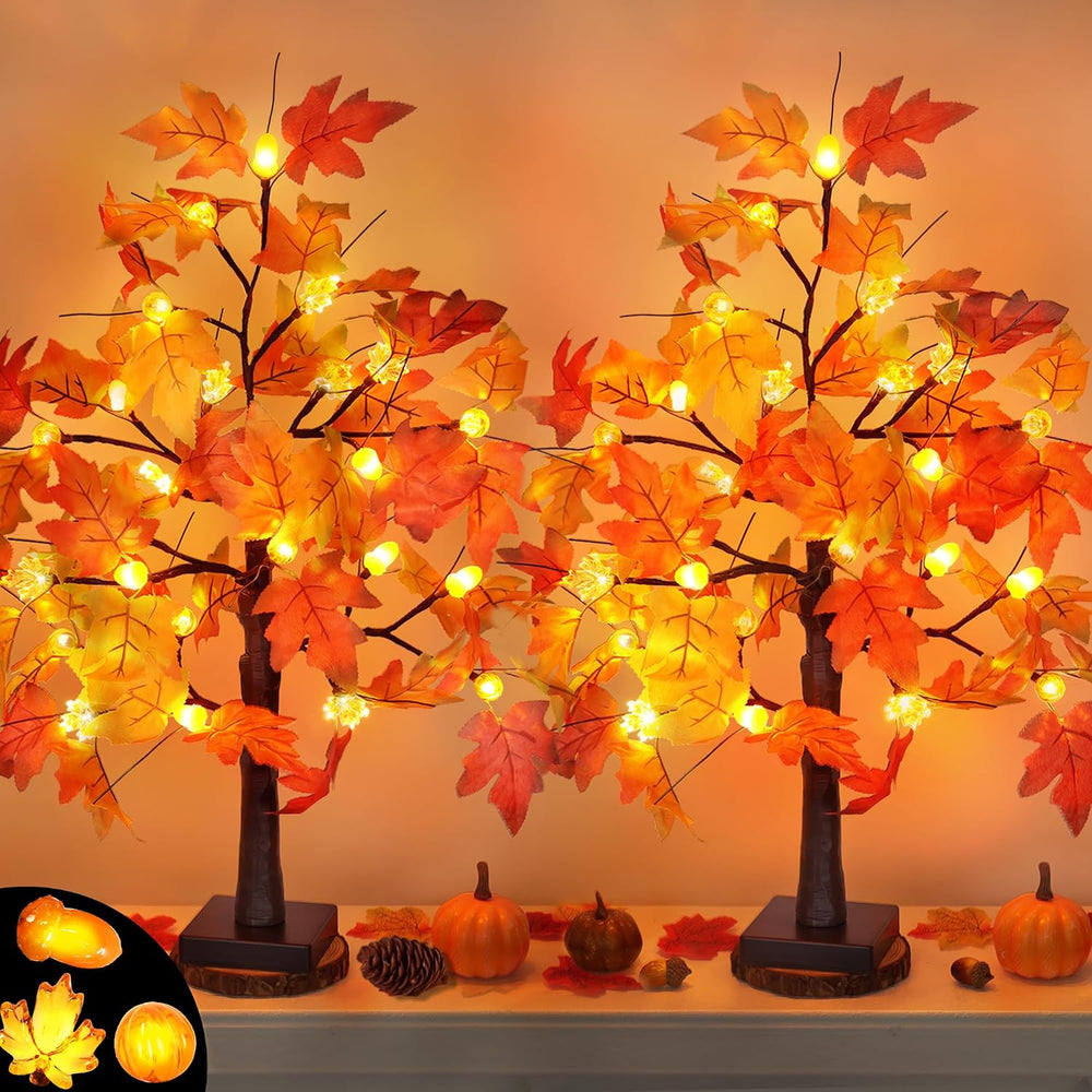 2 Pack 24 Inch Fall Maple Tree with 48LED Thanksgiving Table Decorations Batt...