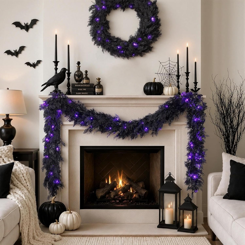 Pre-Lit Halloween Garland 9FT Decorations Black Real Touch Cedar Cypress Pine...