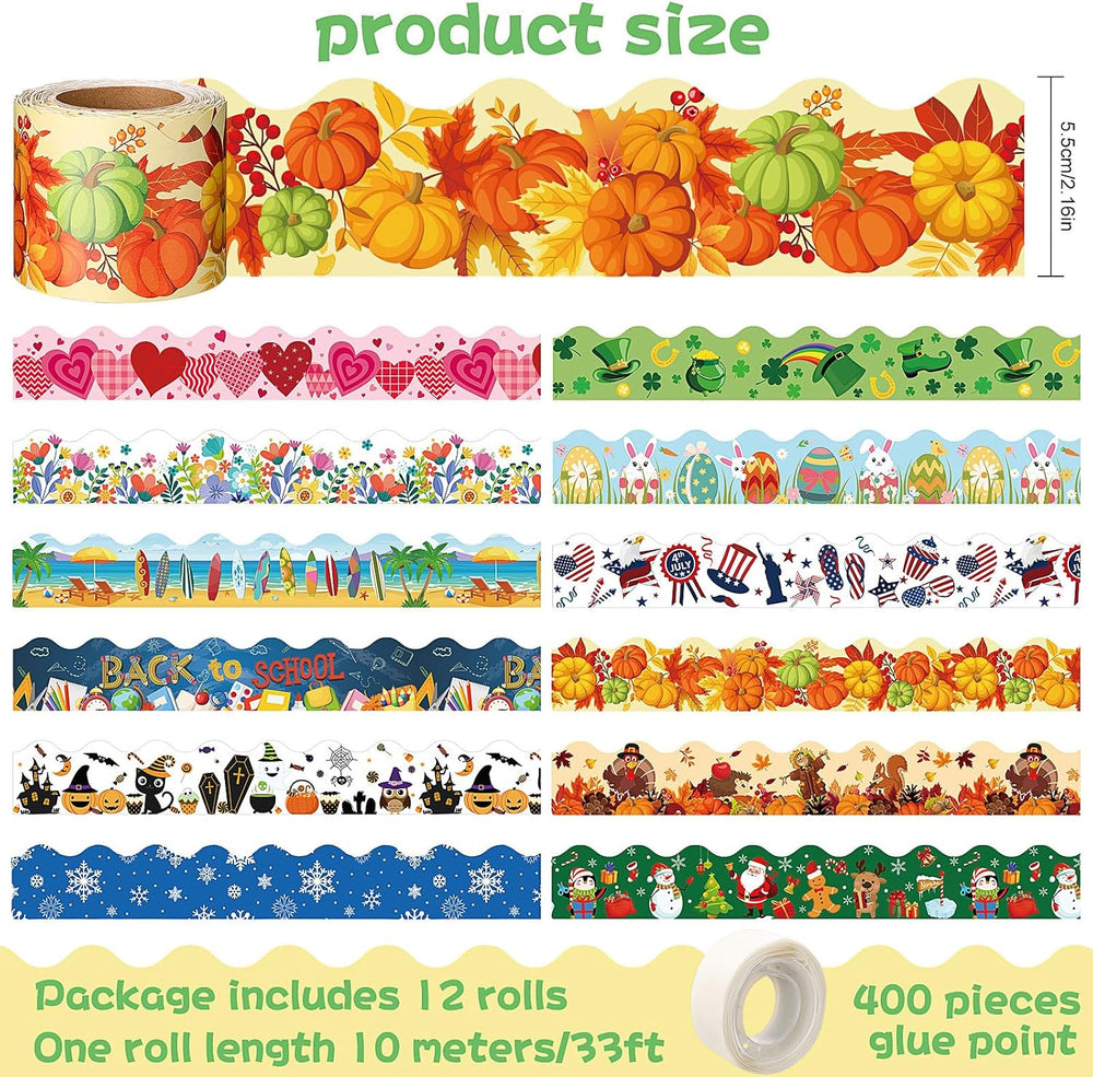 Geyee 12 Rolls 394 ft Holiday Bulletin Board Borders Seasonal Trim Decor
