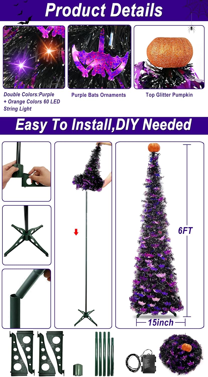 TURNMEON 6 Ft Black Tinsel Halloween Tree with Lights Halloween Decorations