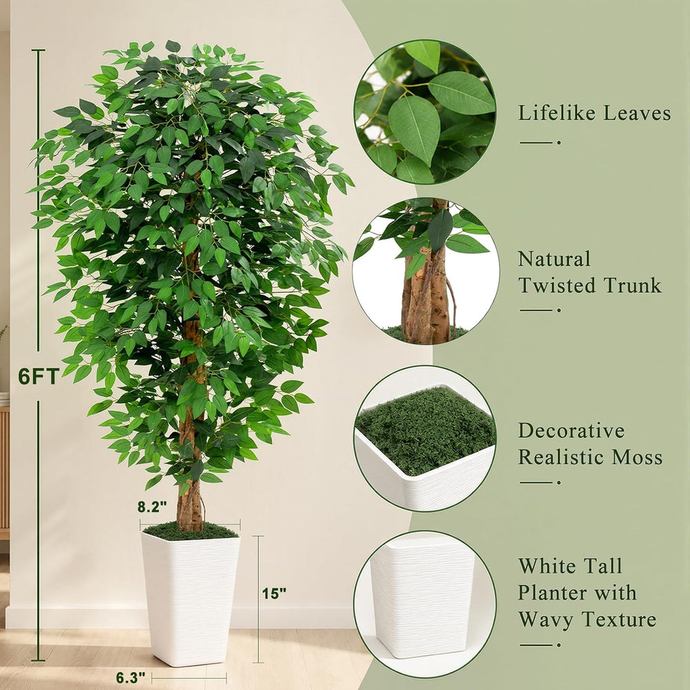 6ft Ficus Artificial Tree with 3 Natural Curved Trunks, 74" Tall Lush Fa...