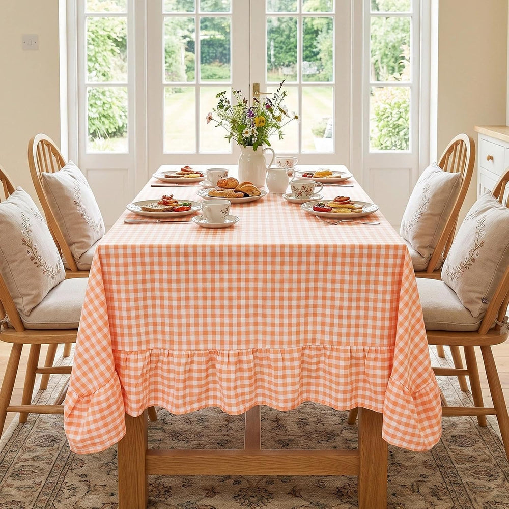 Eternal Beauty Gingham Ruffled Tablecloth Orange White 60x102 Thanksgiving