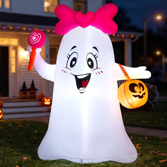 Joiedomi 5FT Halloween Inflatables Ghost Decoration, Cute Halloween Decorations Outdoor Blow Up Yard Decor with LEDs, Blow Up Ghost with Bow Lollipop Pumpkin Bucket for Lawn Party Indoor Decor