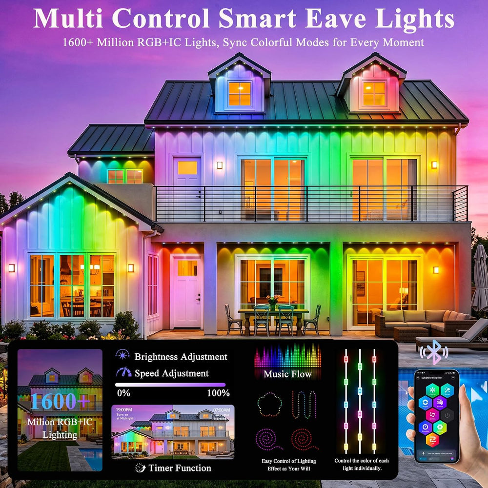 300FT RGB+IC Permanent Outdoor Lights, IP67 Waterproof, Smart App/Remote Cont...