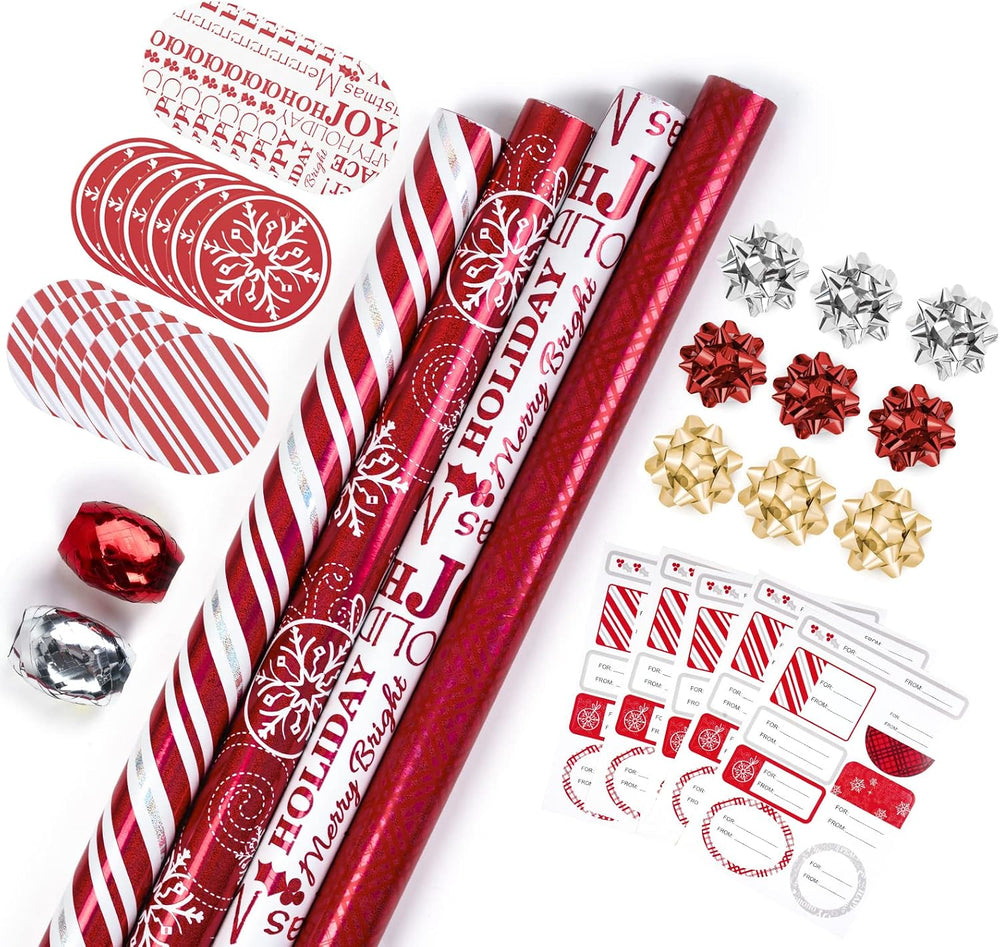 WRAPAHOLIC Christmas Wrapping Paper Set - Red and White Metallic Foil Shine C...