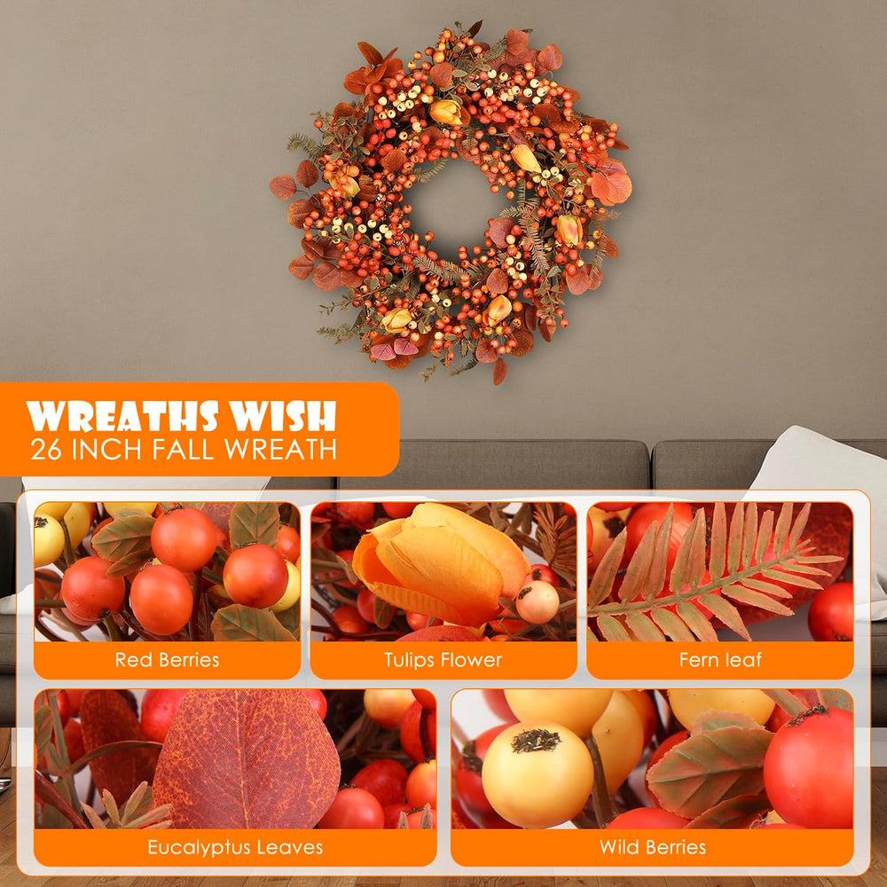 Thanksgiving Fall Wreath for Front Door 26 Inch Berries Autumn Wreaths