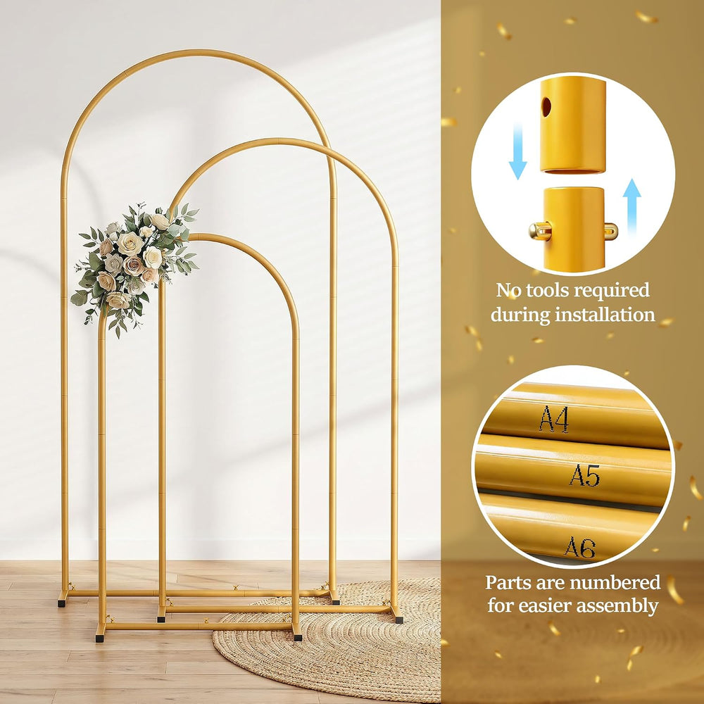 Metal Arch Backdrop Stand 3 Set (6FT+5FT+4FT), Gold Wedding Arch Frame