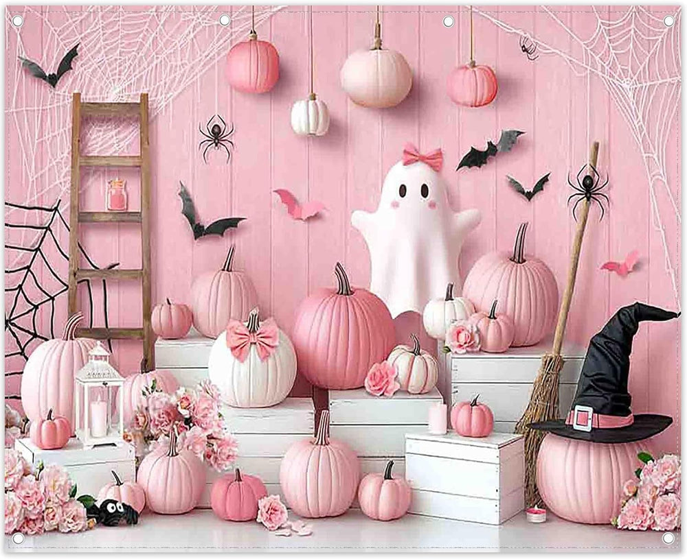 10x8ft Pink Halloween Photography Backdrop Cute Ghost Boo Banner