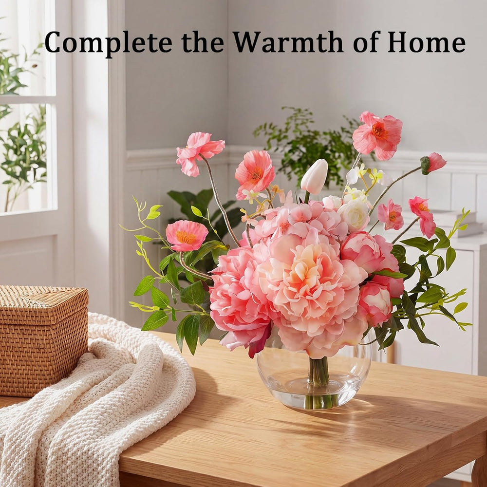 Peonies Artificial Flowers in Vase, Pink Artificial Flowers with Faux Water, ...
